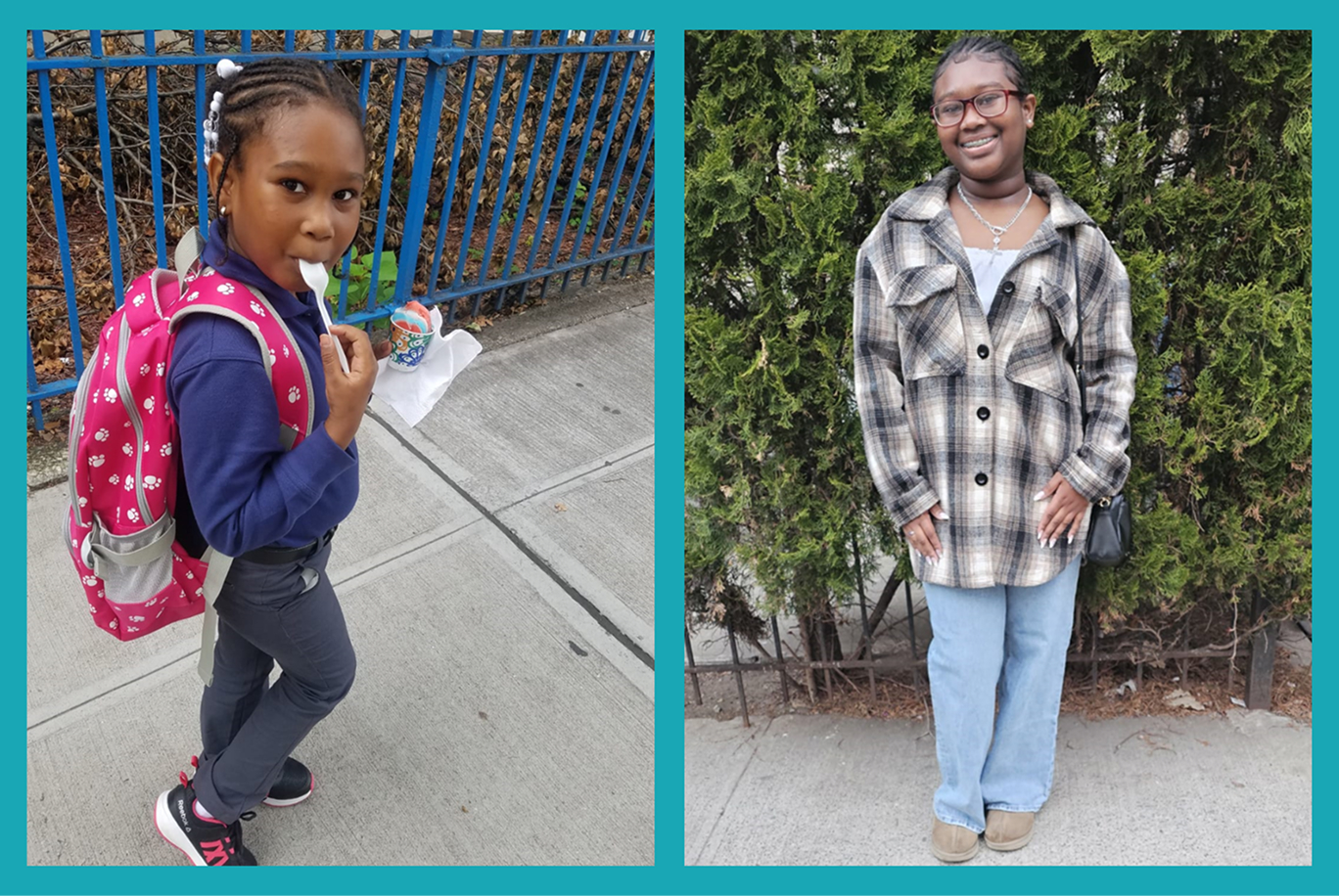 On the left, Chrissie, wearing a pink backpack, smiles with a cup of ice cream. On the right, an older Chrissie smiles in front of a plant-lined trellis.